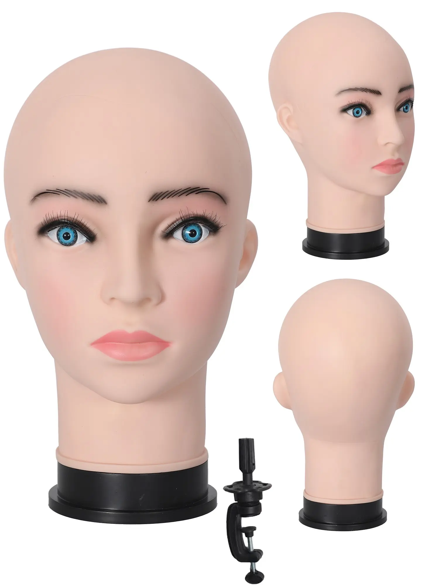 Human Body Model Head Bald Skin Base Blue Moving Eyes, Includes Small Stand and Pins, Medical Training Tool, For Wigs, Practice Mannequin Head