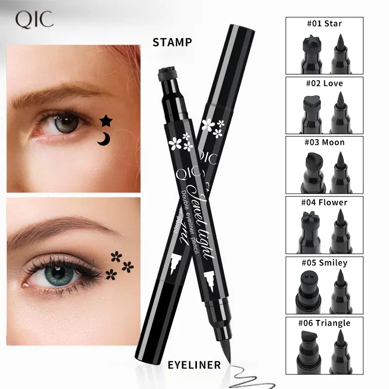 QIC Double Head Pattern Seal Eyeliner Pen Waterproof Quick Drying Smudge Proof Beginner Friendly 24H Long Lasting Budge Proof Eye Makeup Cosmetic Pentagram Love Peach