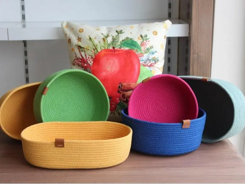 Colorful Cotton Rope Basket, Vibrant Color Woven Home Organizer, Cotton Rope Organizer, Organic Cotton Cord Basket, Housewarming Gift Basket Decor Decorative
