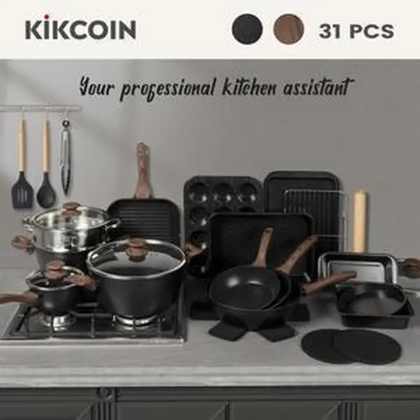Kikcoin 31 Piece Pots and Pans Set Non Stick Kitchen Cookware Sets