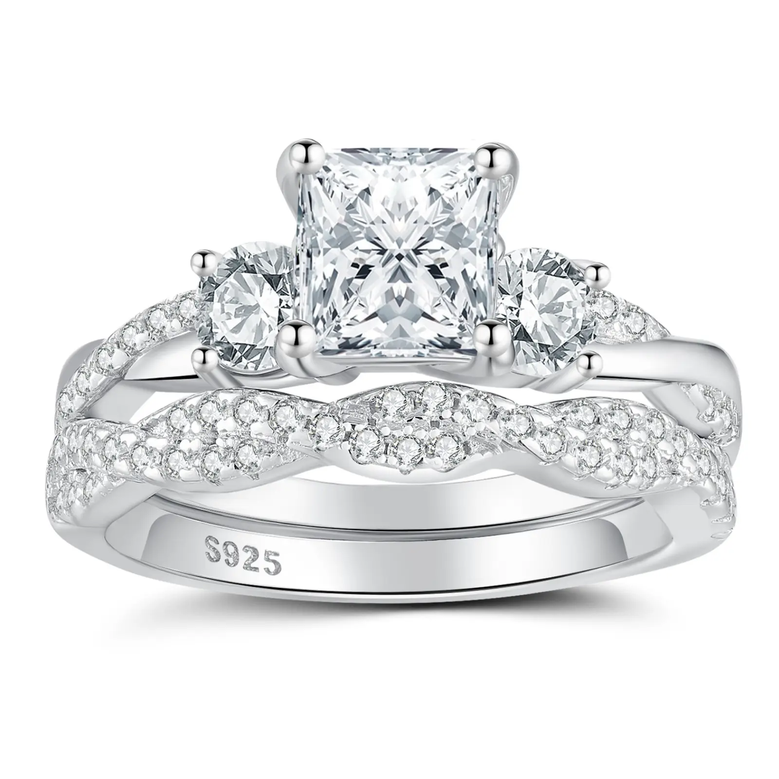 BAGOLIKA Women's Princess Cut Prong Wedding Ring Set, AAAAA CZ Sterling Silver Twisted Band Bridal Sets, Size 5-10, Prong Rings