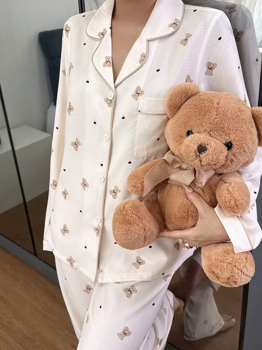 Cartoon Bear Print Lapel Top and Pants Two-Piece Pajama Set for Women