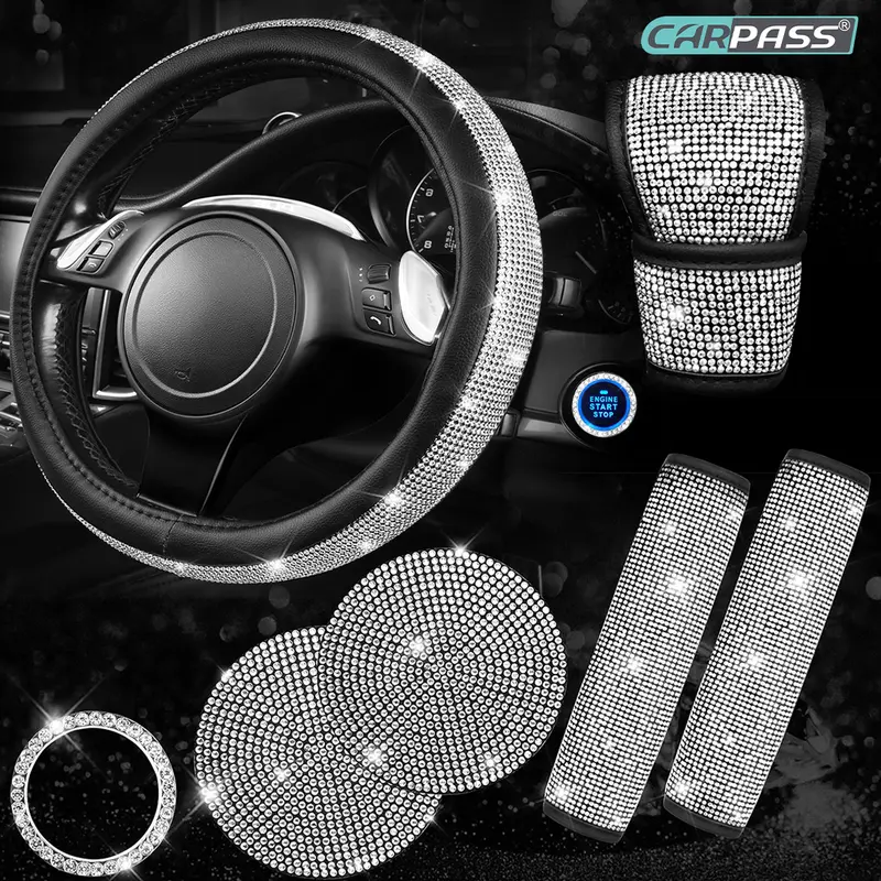CAR PASS 7pcs Bling Car Accessories for Women,Sparkly Rhinestone Diamond Steering Wheel Cover,Belt Cushion,Glitter Shift Knob Cover,Cup Holder Coaster