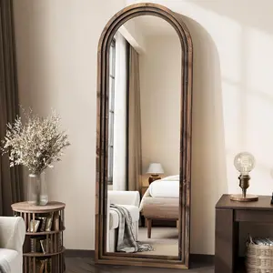 Arched Full Length Floor Mirror 63"x21", Triple-Layer Solid Wood Frame, Rustic Farmhouse Full Body Mirror with Stand for Bedroom, Entryway & Living Room, Walnut Finish