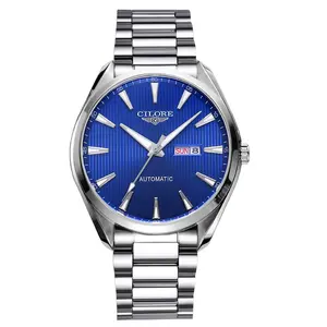 Premium Business Collector Gift Men Mechanical Watch, Textured Royal Blue Dial with Dual Day Date Function, Durable All-Brush Silver Stainless Steel Bracelet