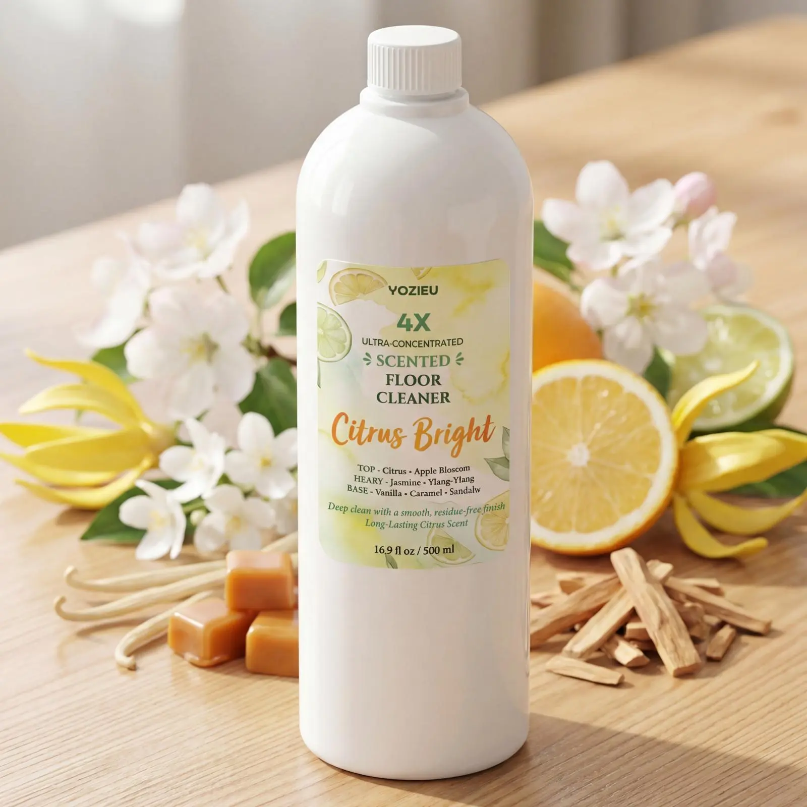 YOZIEU 4X Ultra Concentrated Floor Cleaner Liquid - Citrus Bright Premium Scented Mopping Cleaner for Multi-Surface, Residue-Free & Shiny Finish (16.9oz / 500ml)
