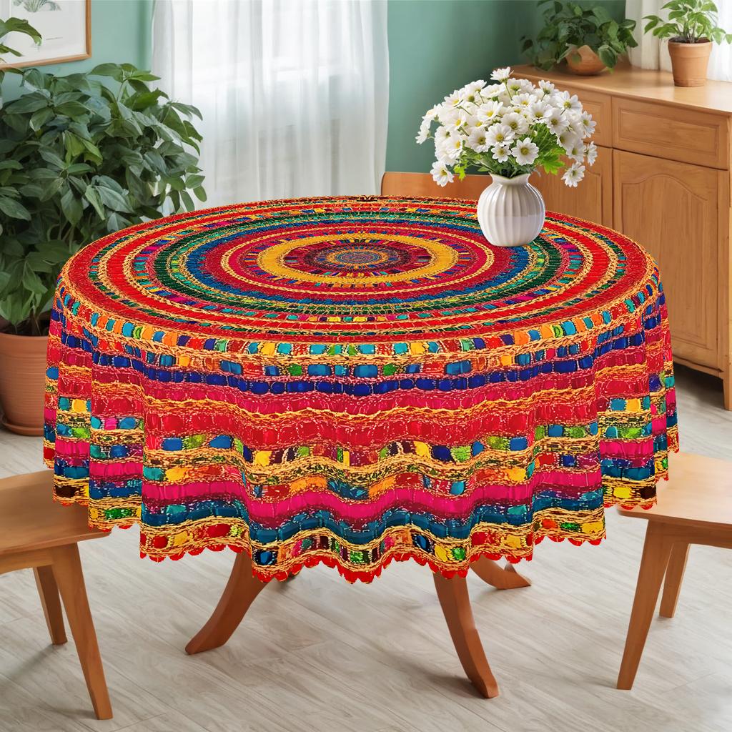 PLUMLIK Vibrant Boho Tablecloth, Colorful Retro Bohemian Round Rectangle Tablecloth, Exotic Style Decoration for Outdoor Indoor, Suitable for  Farmhouse Courtyard Thanksgiving Day Christmas Party, Daily Holiday Kitchen Restaurants, Home Dorm Accessories