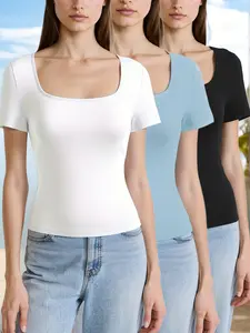 Women's Summer Casual Square Neck Plain Solid Short Sleeve Tops, 3 Piece Set, Fitted Style, Home Wear, Comfortable and Stylish