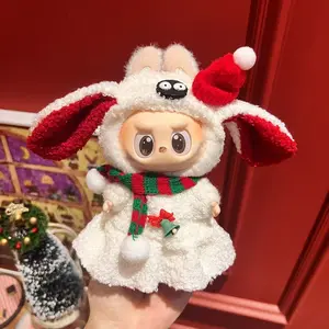 Labubu Christmas Outfit Set - Cute Plush Doll Clothes with Red Santa Hat & Green Scarf Holiday Limited Dress-Up Collection