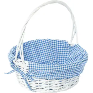 White Round Wicker Gift Basket with Blue Gingham Liner & Handle, Medium – Decorative Foraging,, Basket