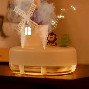 Windmill Humidifier with Music & Lights, Dual Nozzles, Atomization, Ideal for Bedroom & Office, Multifunctional Design