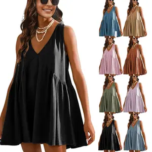 Ommig Women's Summer Sleeveless Mini Dress Casual Loose V Neck Sundress with Pockets