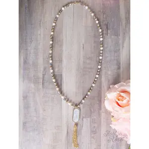 Oval Iridescent Pendent Necklace, White/Grey