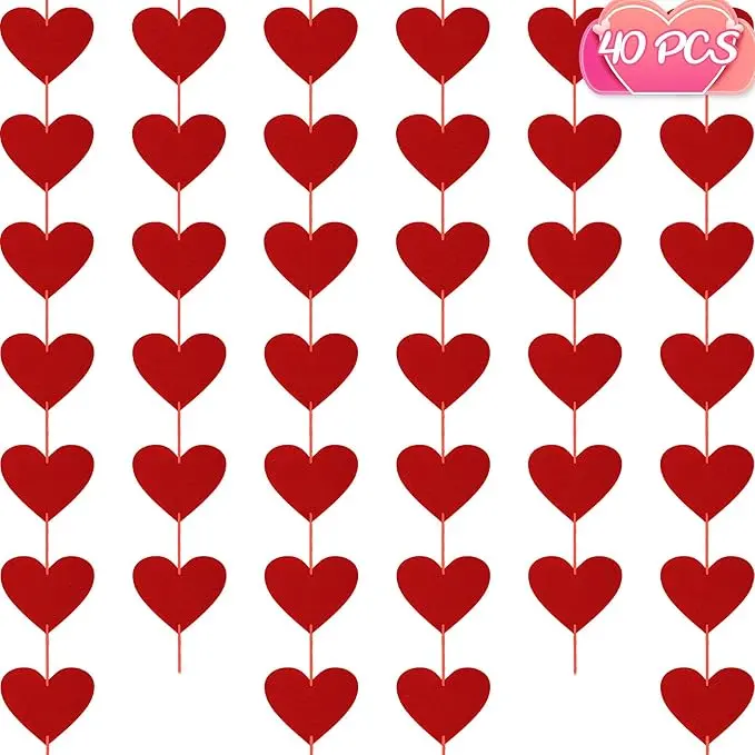 40PCS Valentines Day Decor, Red Heart Banner with Felt Hearts, Hanging Valentines Day Decoration Indoor Outdoor Valentine's Day Party Banner for Wall Garland Ornaments