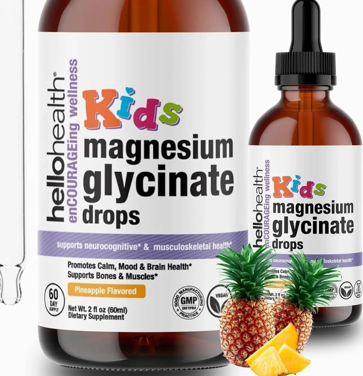 Kids Magnesium Glycinate Liquid Drops – Sugar Free Liquid Drops, Happy Calm for Kids Calming Supplement Complex – Magnesium for Children & Nighttime Sleep, Pineapple Flavor 2 Fl Oz.