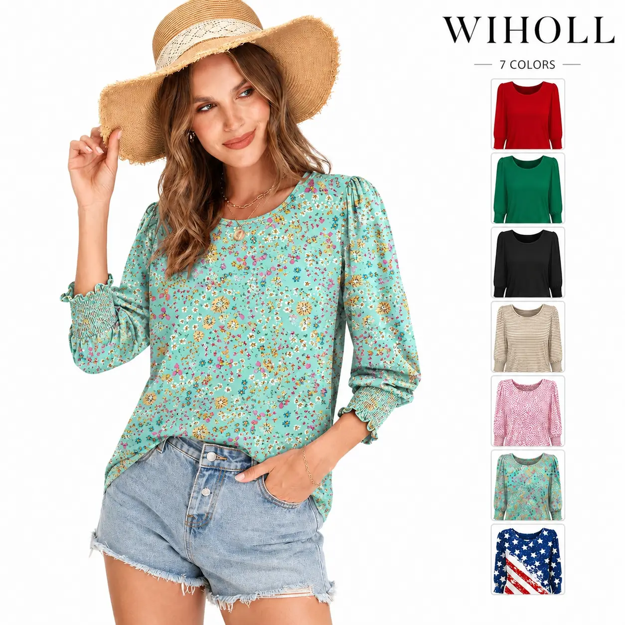 WIHOLL Blouses for Women Dressy Casual 3/4 Length Sleeve Womens Tops with Smocked Cuffs Shirts Womenswear