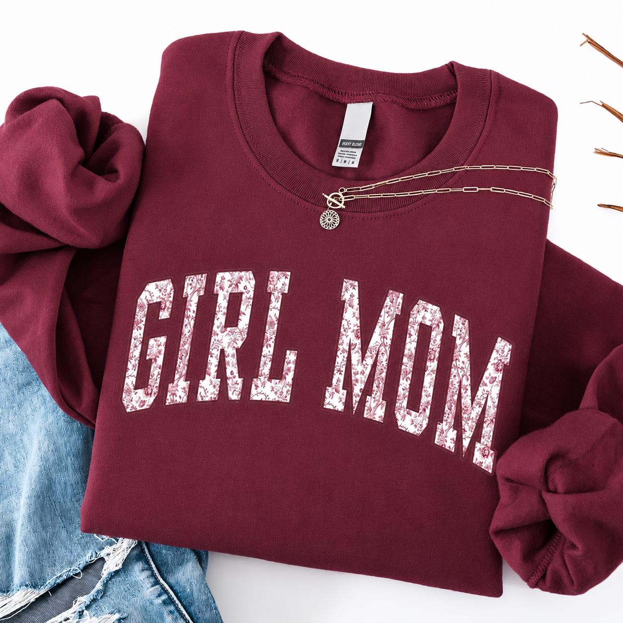 GIRL MOM Graphic Sweatshirt Vintage Floral Collegiate Crewneck Relaxed Fit Feminine Cozy Vibe – Eli Deal Power