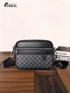 Men's Classic PVC Leather Bag, Vintage Floral Print, Multi-Pocket Design, Zippered Sling Bag, Large Capacity Shoulder & Crossbody Bag, Business Use