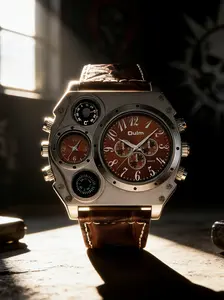 Matte Case with Asymmetric Multi-Function Dual Time Zone Design, Crocodile Pattern Strap for Suits Casual Wear, Unisex Fashion Watch