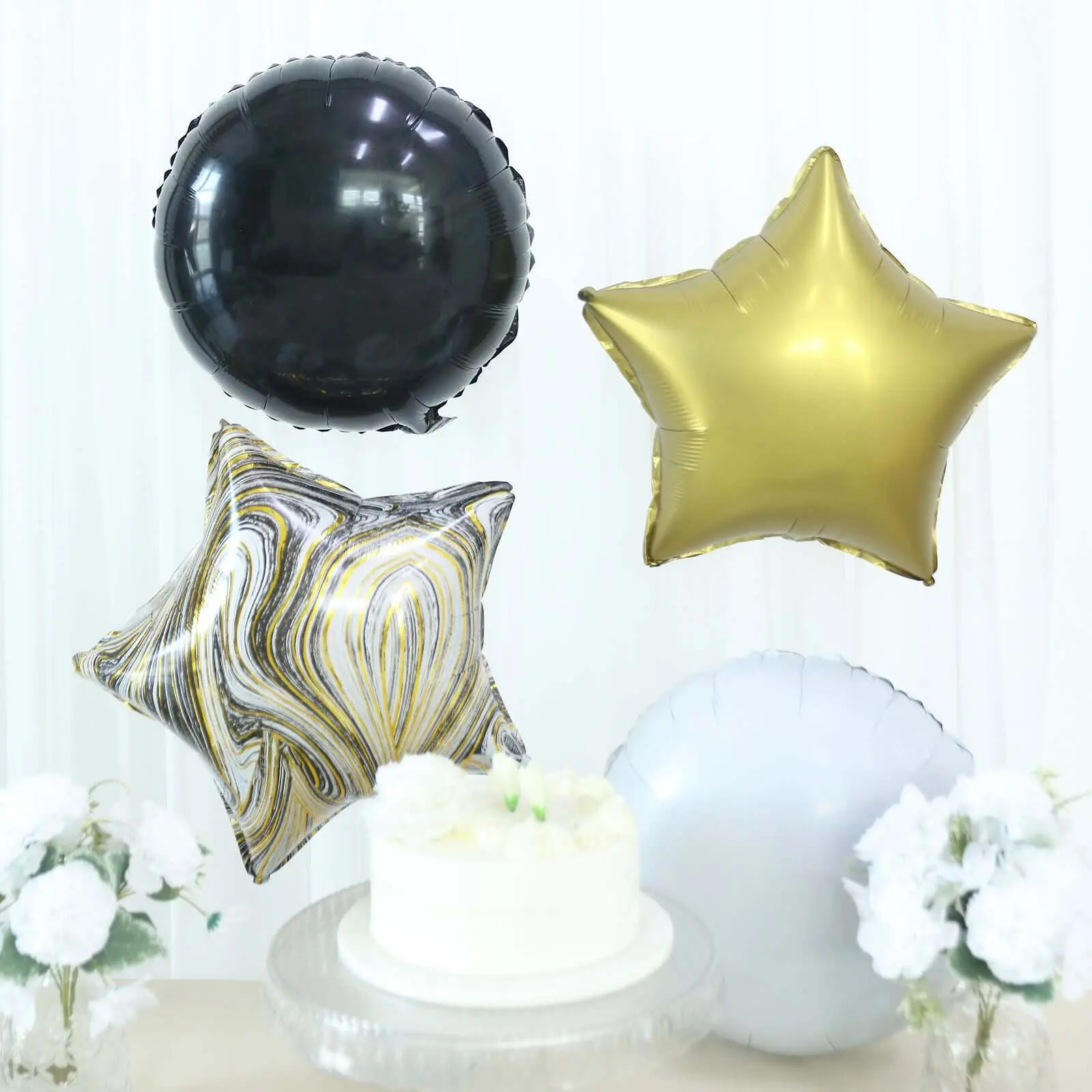 6-Piece Gold Black Marble Mylar Foil Party Balloon Set - Star, Round, Crown Shapes with Ribbon, Birthday Party Decorations for Festive Events