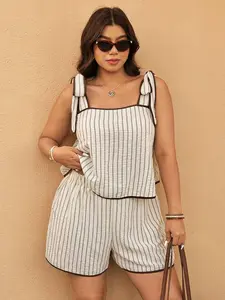 MISHELLA Plus Size Striped Knotted Shoulder Top And Shorts Casual Set Two Piece