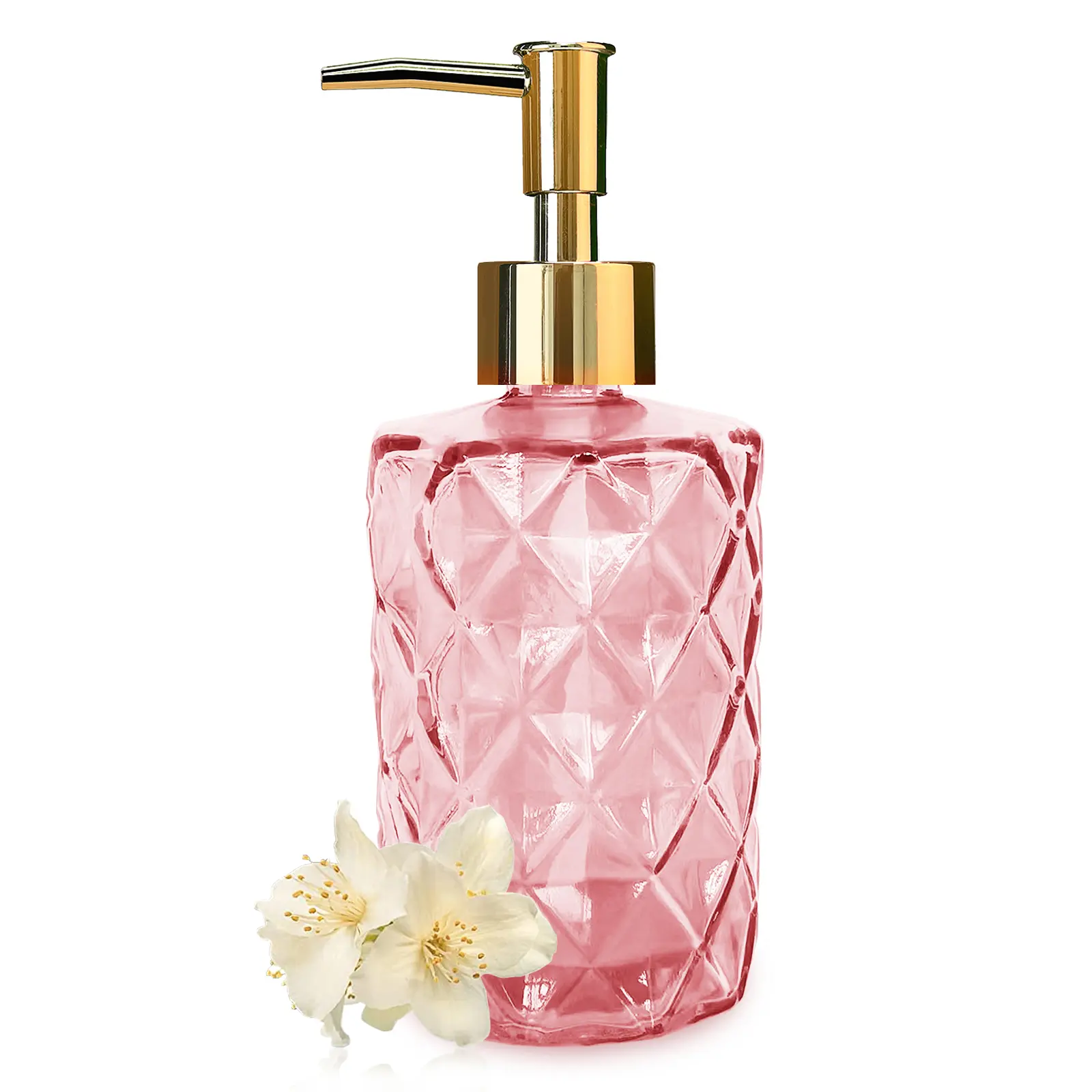 Glass Soap Dispenser with Gold Pump, Bathroom Soap Dispenser, 330ml Hand Foam Lotion Dispenser, Refillable Liquid Soap Bottle for Kitchen, Hand Sanitizer, Lotion (Pink)