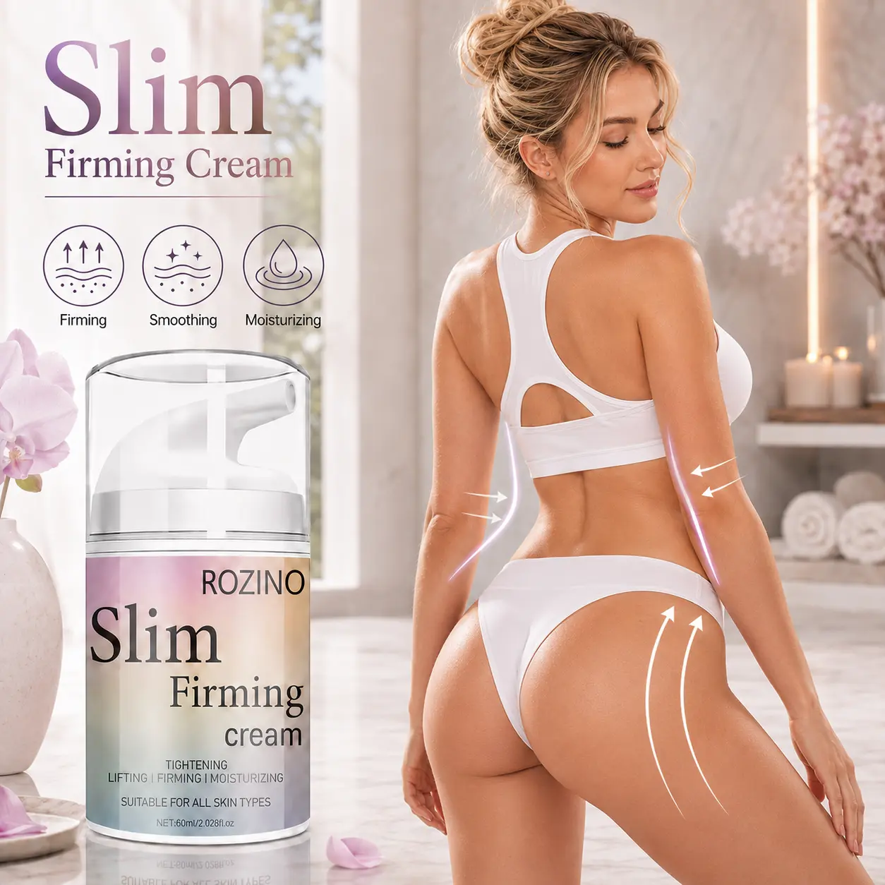 ROZINO Body Firming Cream 60ml, Moisturizing Body Care Cream with Ginger Extract, Hydrating Lotion for Smooth & Soft Looking Skin