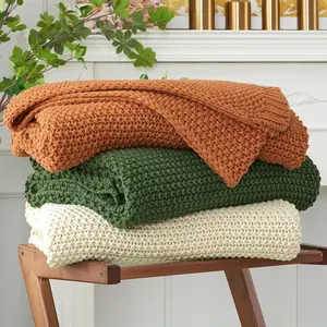 Chunky Cable Knit Lightweight Beige Throw Blanket 100% Organic Cotton for Sofa Couch Bed Baby Nursery, Rustic Shabby Chic Modern Farmhouse, 51” x 63”, Comes with Free Laundering Bag