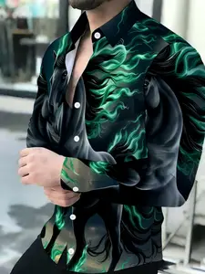 Men's Breathable Lapel Long Sleeve Animal Print Shirt with Black Horses Green Flame Print