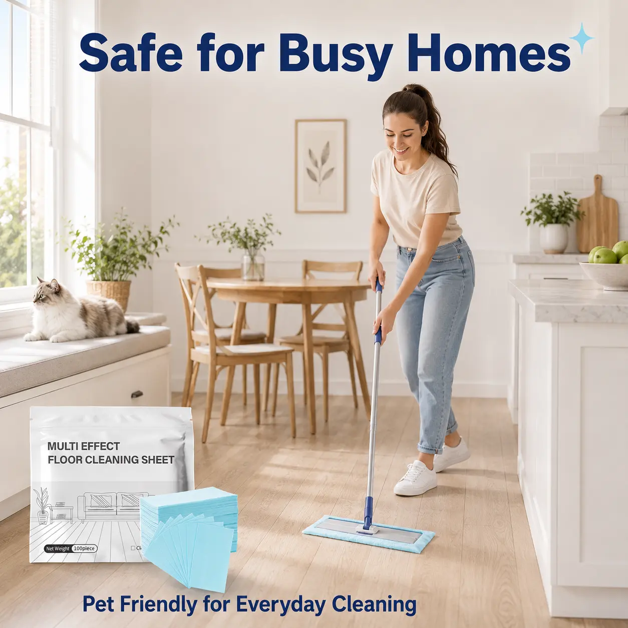 100-Count Floor Cleaning Sheets, Fast-Dissolving Mop Cleaner for Sealed Hardwood, Tile, Laminate & More, Fresh Scent Floor Cleaner Sheets for Homes with Pets