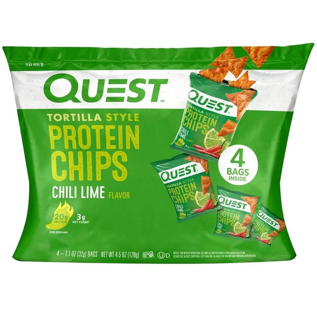 Quest Tortilla Style Protein Chips, Chili Lime, 1.1oz - 4ct Pack, Crunchy Savory Snack with 20g Protein and 3g Net Carbs
