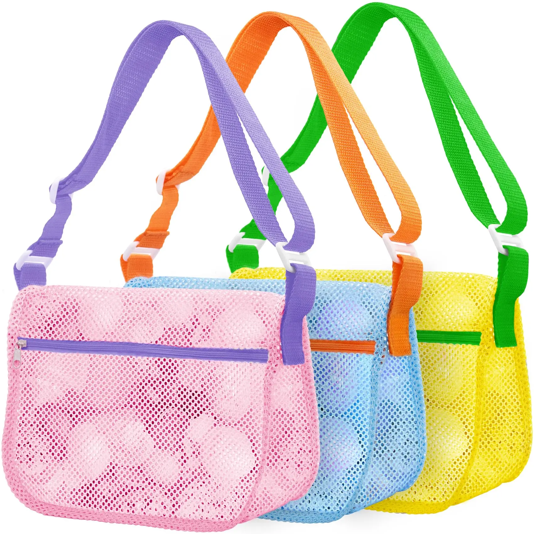 3 Pack Mesh Beach Bags for Sand Toys – Seashell Collecting Bags with Adjustable Straps, Beach Toy Organizer for Boys Girls – Summer Beach Essentials