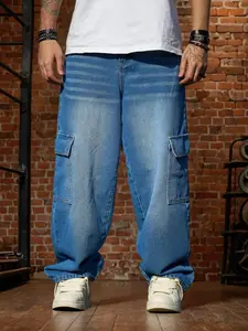 Men's Pocket Wide Leg Jeans, Loose Casual Comfy Denim Pants for Daily Wear, Woven Bottoms for All Seasons, Cotton