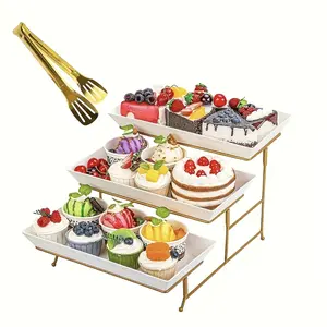 3-Tier Metal Dessert Display Stand with 2-Piece Dessert Clips Set, Elegant Gold Frame White Design, Easy Assembly, Reusable Easy-to-Clean Home & Party Decoration for Birthdays, Weddings