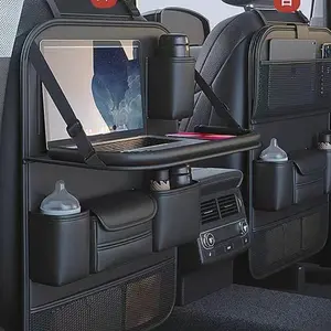 Car Necessity Portable PU Leather Car Seat Back Organizer with Multiple Compartments, Car Eating Tray,Mesh Pockets & Laptop Holder - Foldable Travel Storage Bag for Car Interior Accessories