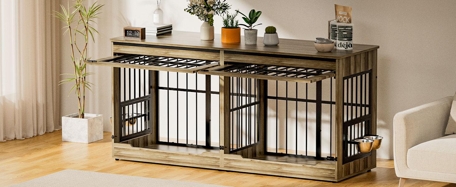 [2 Carton]78" Heavy Duty Indestructible Extra Large Dog Crate with Divider – Double Door Indoor Wooden Kennel, Removable Divider & 360° Swivel Bowls, Reinforced Steel Bars for Extra Large Dogs or Two Medium-Large Dogs