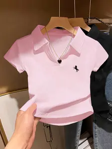 Summer Ice Silk Women's Polo Short Sleeve, American Retro Horse Logo Print, V Neck Design, Lightweight Breathable, Quick Dry, Casual, Slim Fit