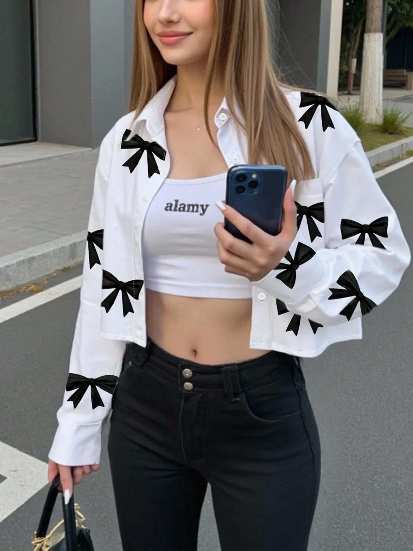 Women's Stylish Loose Casual Bow Tie Shirt, Long Sleeves, Perfect for Back-To-School Party, Date Night, Street Fashion Ideal Choice, Womenswear, Top