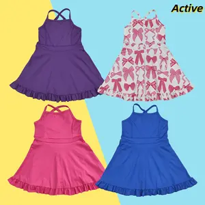 Toddler or Kids Solid Color /Pink Bow Print Athletic Dress Summer Big Girl Active Super Soft Breathable Sporty Yoga /Tennis Dresses Build-in Shorts Under, Above Knee Length, Built-In Shorts