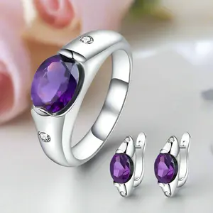 Natural Amethyst Gemstone Ring and Earrings Jewelry Set