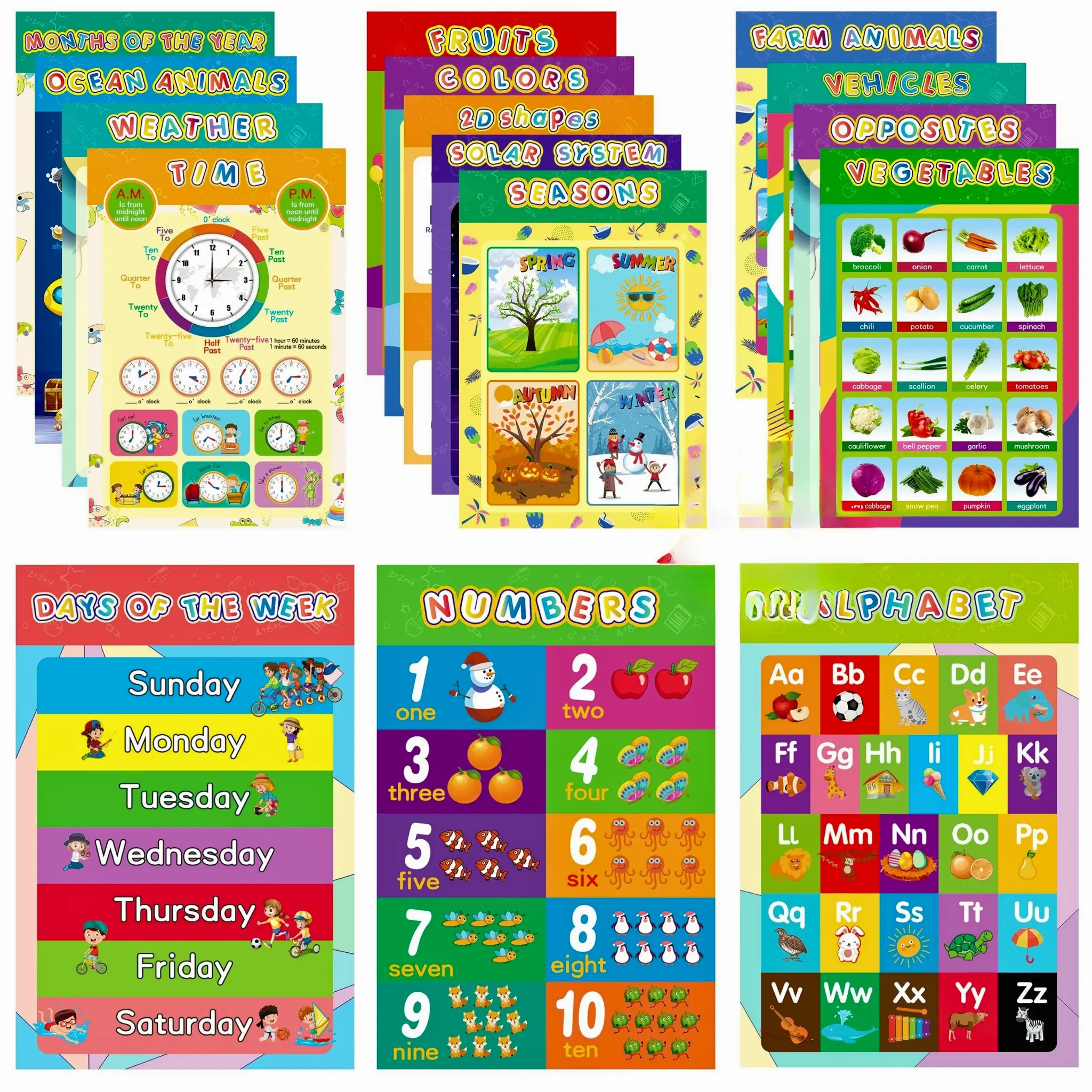 16 Packs Educational Poster, Film Covered Preschool Learning Tools for Nursery Kindergarten Toddler 16 Packs Educational Poster, Film Covered Preschool Learning Tools for Nursery Kindergarten Toddler
