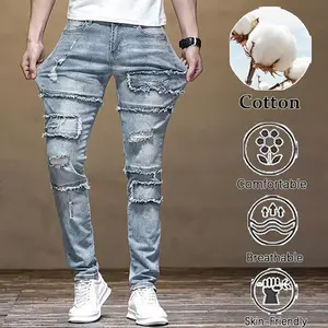 Men's Light Blue Washed Ripped Jeans, Cotton Breathable Skin-Friendly Patchwork Denim Trousers ￼ ￼ ￼ ￼ ￼ ￼ ￼ ￼ ￼ ￼ ￼ ￼ ￼ ￼ ￼