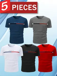 Men's Sport Quick-Dry Short Sleeve T-Shirt Set of 5, Pure Color Round Neck Training Top, Breathable Fast Dry, Gym Essential, Athletic Sports Clothing
