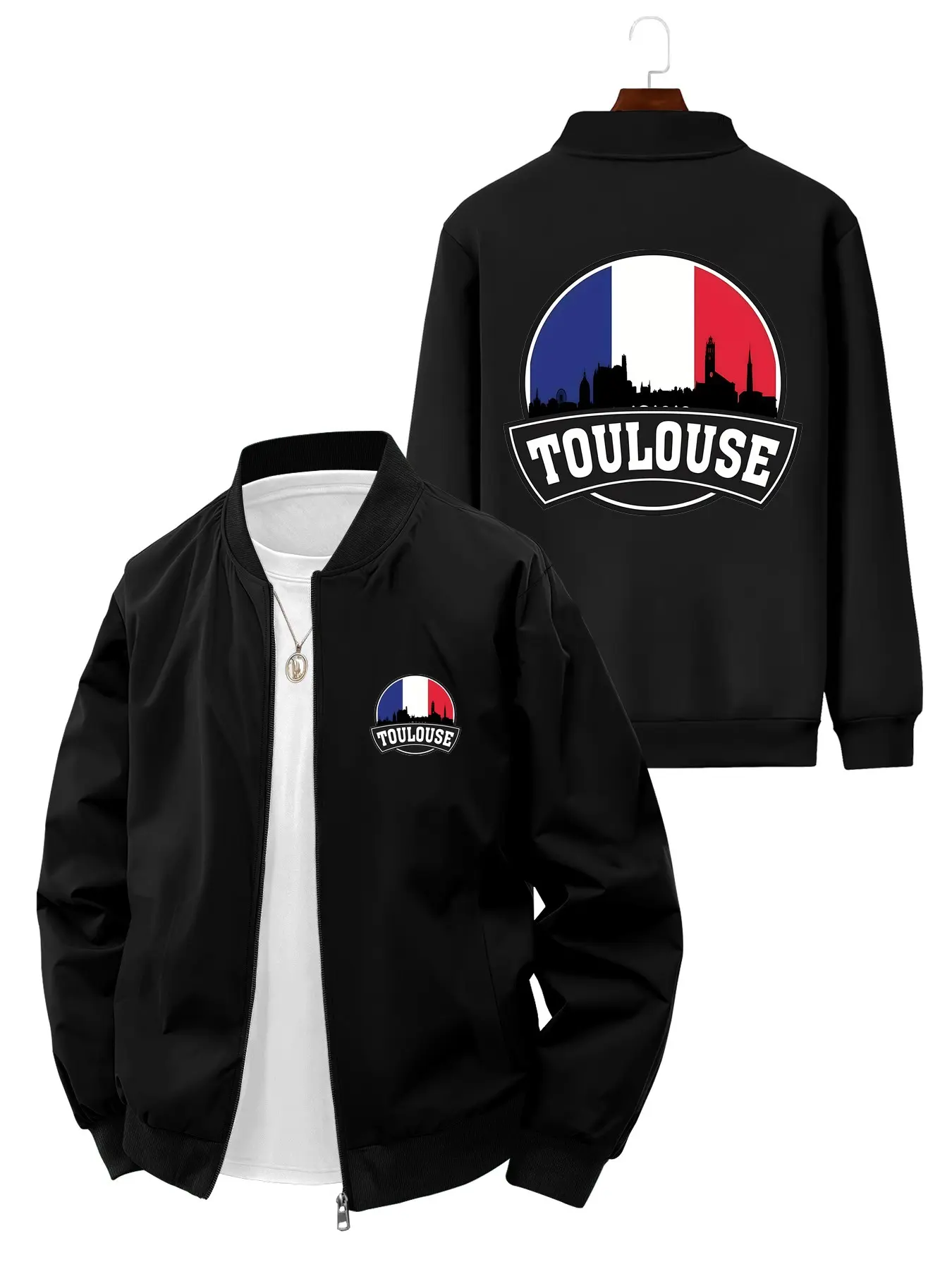 Fashion Trendy Men's Bomber Jacket with City Skyline and Text Print for Daily Casual Wear and Outdoor Activities