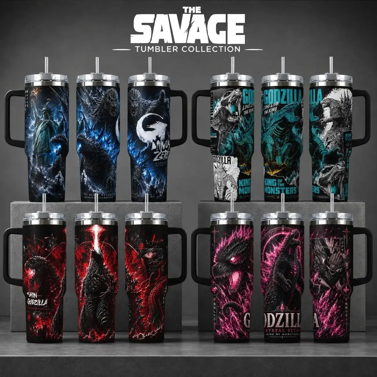 Godzilla King of the Monsters Kaiju Printed Stainless Steel Insulated Water Bottle Tumbler, Blue-Black Reusable Cup with Silicone Straw Lid, 20oz/40oz Sizes + 40oz Handle Option, Bottles, Water Bottles