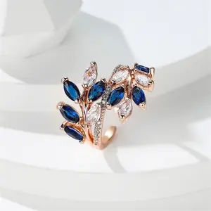 FASHION - Marquise Cut Royal Blue Green Purple Pink Zircon Leaf Rings For Women Rose Gold Color Boho Cocktail Ring Wedding Bands Jewelry