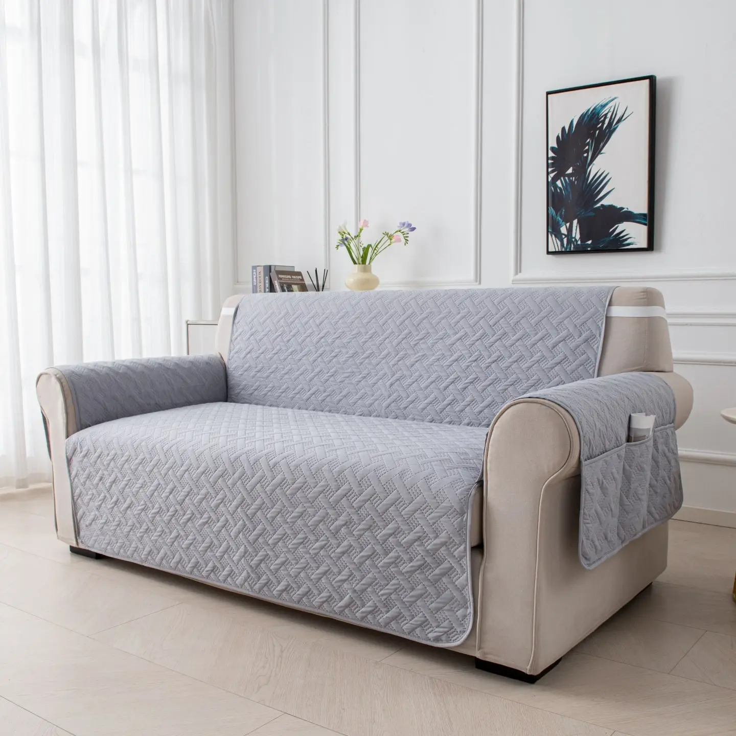 Pure Color Cotton Sofa Cover, Ultrasonic Embossed Pet Sofa Pad, Dustproof Protector, Home Decor, Quilted Sofa Cover, Fits 1-3 Seater, All Seasons