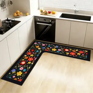 Retro Floral L-Shaped Kitchen Mat, Non-Slip Water-Absorbent Floor Mat, Oil-Proof Stain-Resistant, Easy to Clean, Corner-Specific, Washable Kitchen Rugs