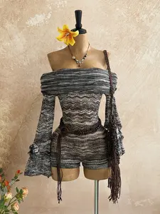 Soleia Women's Casual Contrast Color Hollow Out Off-Shoulder Knit Jumpsuit – Fall/Winter Playsuit