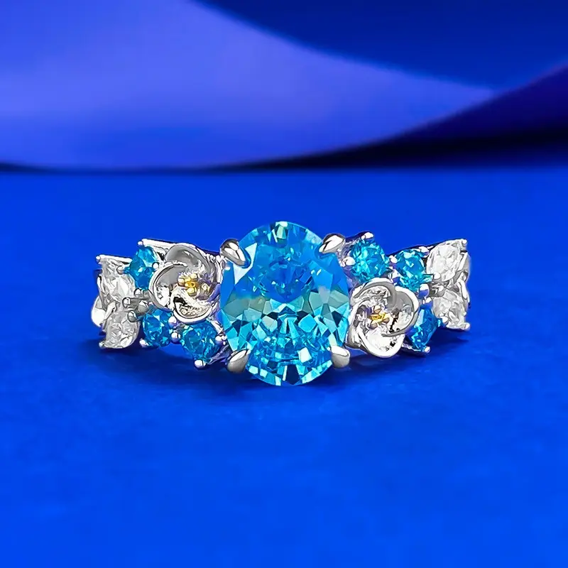 【1034】Luxury 2CT Oval Ocean Blue Cubic Zirconia Ring S925 Sterling Silver Vintage Floral Promise Engagement Ring Elegant Party Jewelry Gift For Her
